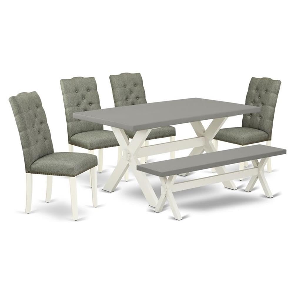 East West Furniture X096El207-6 6 Piece Dining Table Set Contains A Rectangle Dining Room Table With X-Legs And 4 Gray Linen Fabric Parson Chairs With A Bench, 36X60 Inch, Multi-Color
